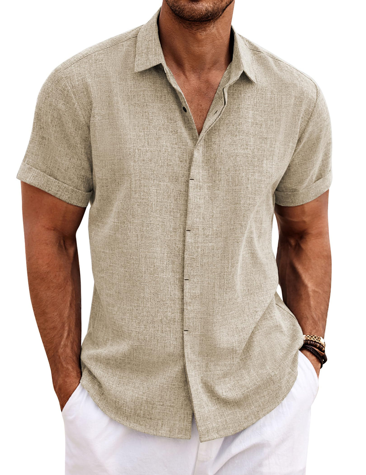 COOFANDY Mens Linen Shirts Short Sleeved Summer Regular Fit Button Down Hawaiian Holiday Tops