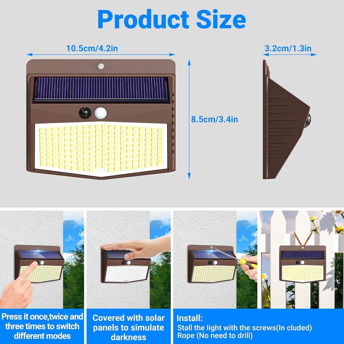 Peasur Solar Security Light Outdoor Motion Sensor, 168 LED Waterproof Solar Wall Light with 3 Modes, PIR Outdoor Sensor Light for Fence, Front Door, Garden, Garage, 1 Pack