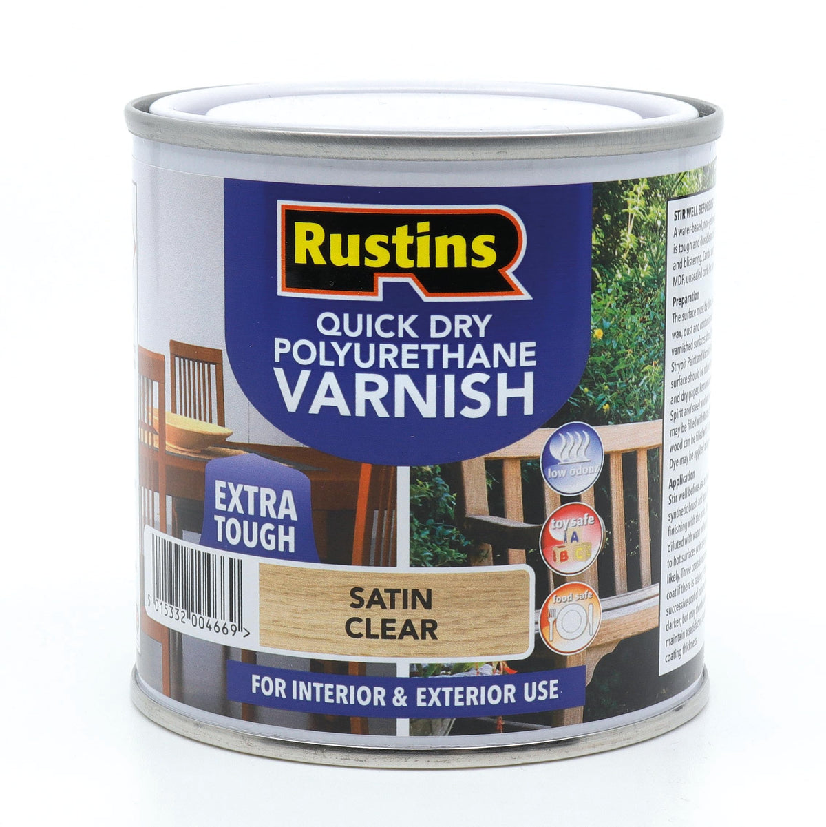 RustinsQuick Dry Poly Varnish Satin Clear 500ml -Tough, Water-Based Clear Finish in Gloss, Matt or Satin; Durable Protection for Interior Wood, Furniture and Floors