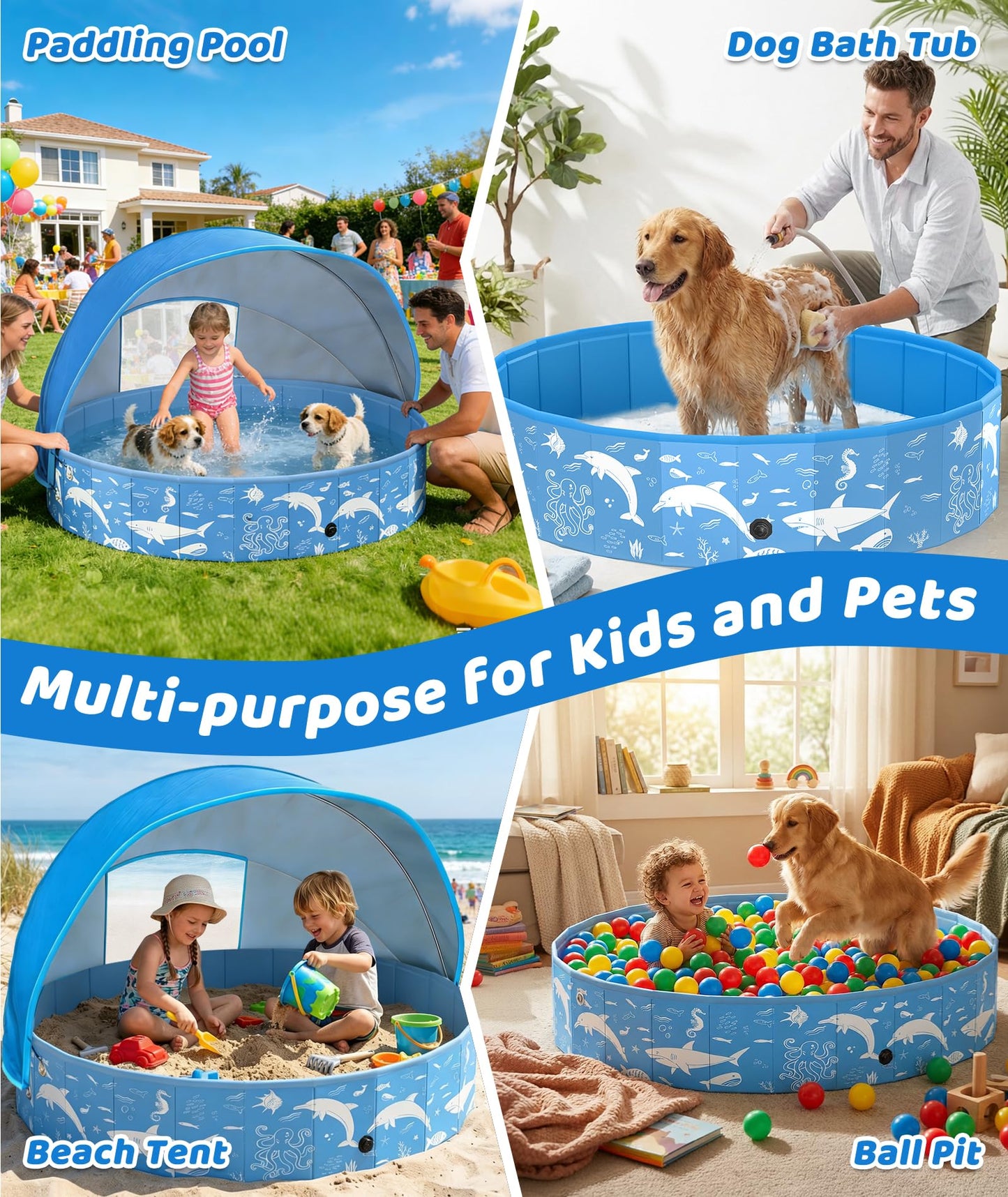 Instraella Dog Paddling Pool with Canopy, Large Dog Pool with UV Protection, Foldable Paddling Pool for Kids & Dogs, Thickened Pet Swimming Pool, Portable Dog Bath Tub for Small, Medium, Large Pets