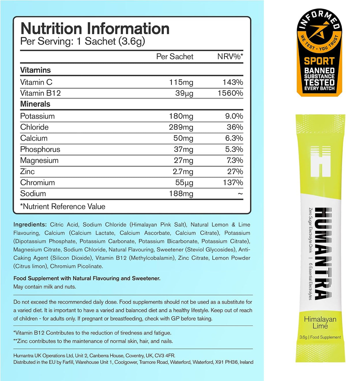 Humantra Electrolytes Powder Hydration Sachets - Himalayan Lime, 20ct
