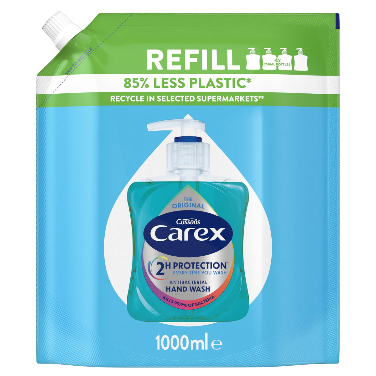 Carex 2 Hour Protection Antibacterial Moisture Hand Wash Refills, Liquid Hand Soap Eco Refill for Homes & Businesses, Caring Hand Wash, Bulk Buy, Pack of 3 x 1 litre