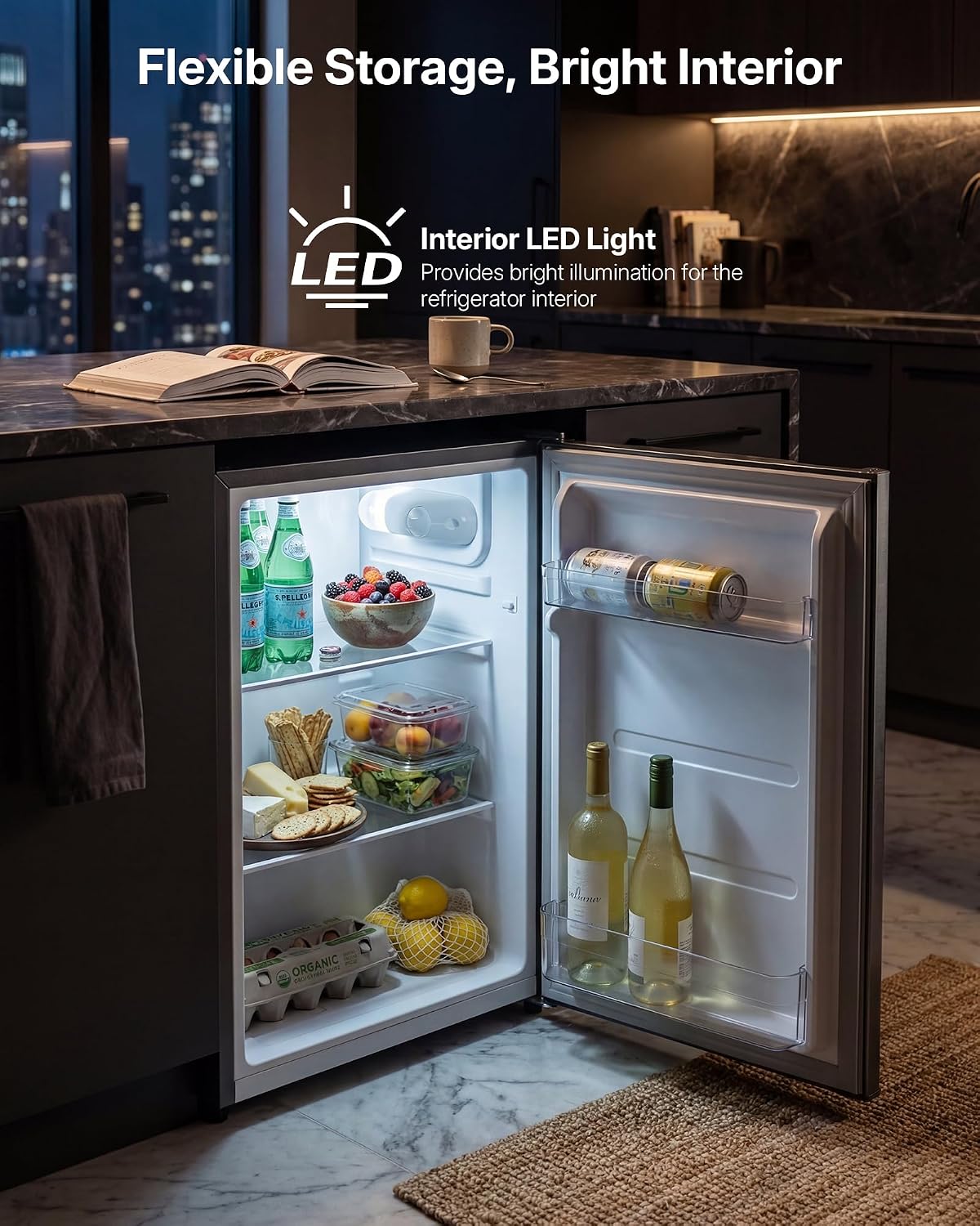 Upstreman 71L Fridge Without Freezer Compartment, 1-10°C 7-Step Temperature Control, LED Lighting, 40dB Quiet, Energy-Saving Full-Size Refrigerator for Bedroom, Office, Kitchen, CR71-Dark gray