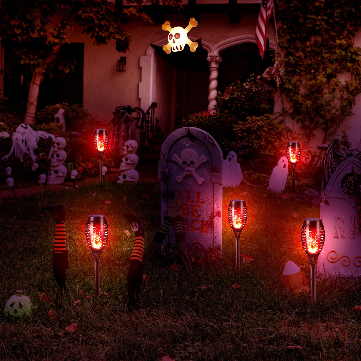 Geemoo 6 Pack Solar Flickering Dancing Flame Lights Waterproof Solar Torch Lights for Outdoor Garden Patio Pathway Yard Driveway Decorative, Warm White