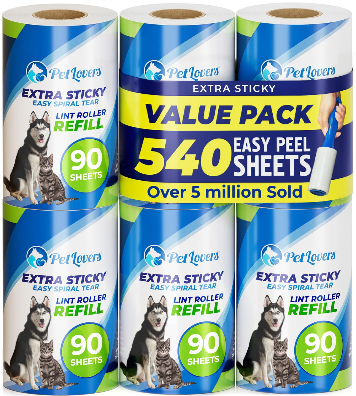 PetLovers Extra Sticky Lint Roller Mega Value Set 450 Sheets for Pet Hair Removal Dog and Cat Lint Remover 5 Pack