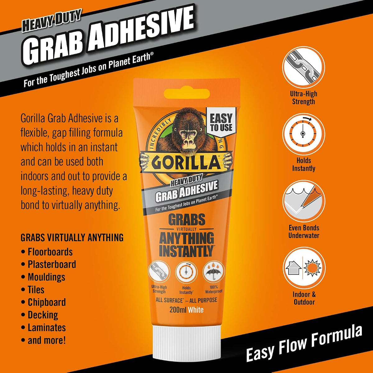 Gorilla Heavy Duty White Grab Adhesive 200ml Tube – All-Purpose, Ultra-High Strength, Holds Instantly, 100% Waterproof & temperature resistant