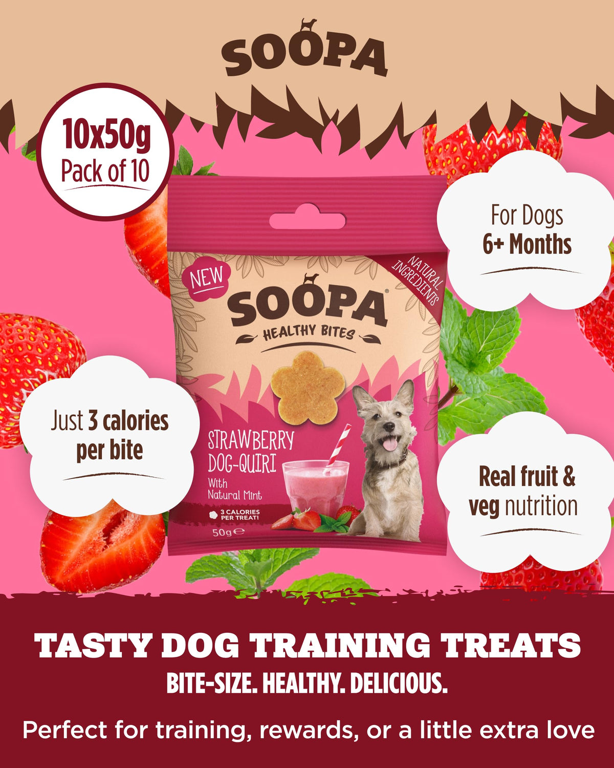 Soopa Strawberry Dog-Quiri Healthy Bites, Dog Training Treats, 50 g, 1-Pack