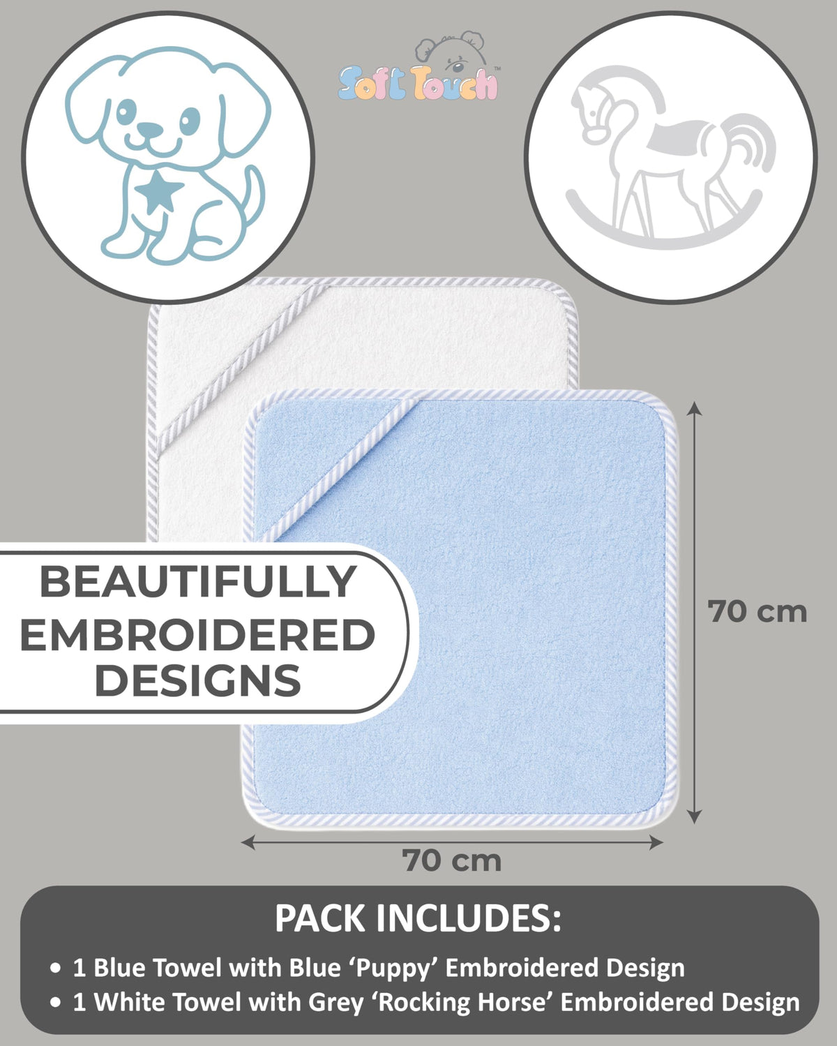 Soft Touch Newborn Essentials 100% Cotton Embroidered Hooded Baby Towel 70 x 70cm for Baby Boys and Girls 0-24 Months (2-Packs)