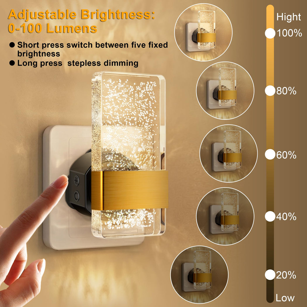 Night Light Plug in Wall with Dusk to Dawn Sensor Modern 2 Pack Gold