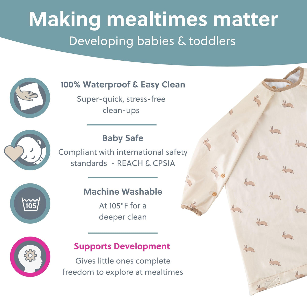 BIBaDO Long Sleeve Baby Bibs - Coverall Weaning Bib with Highchair Strap