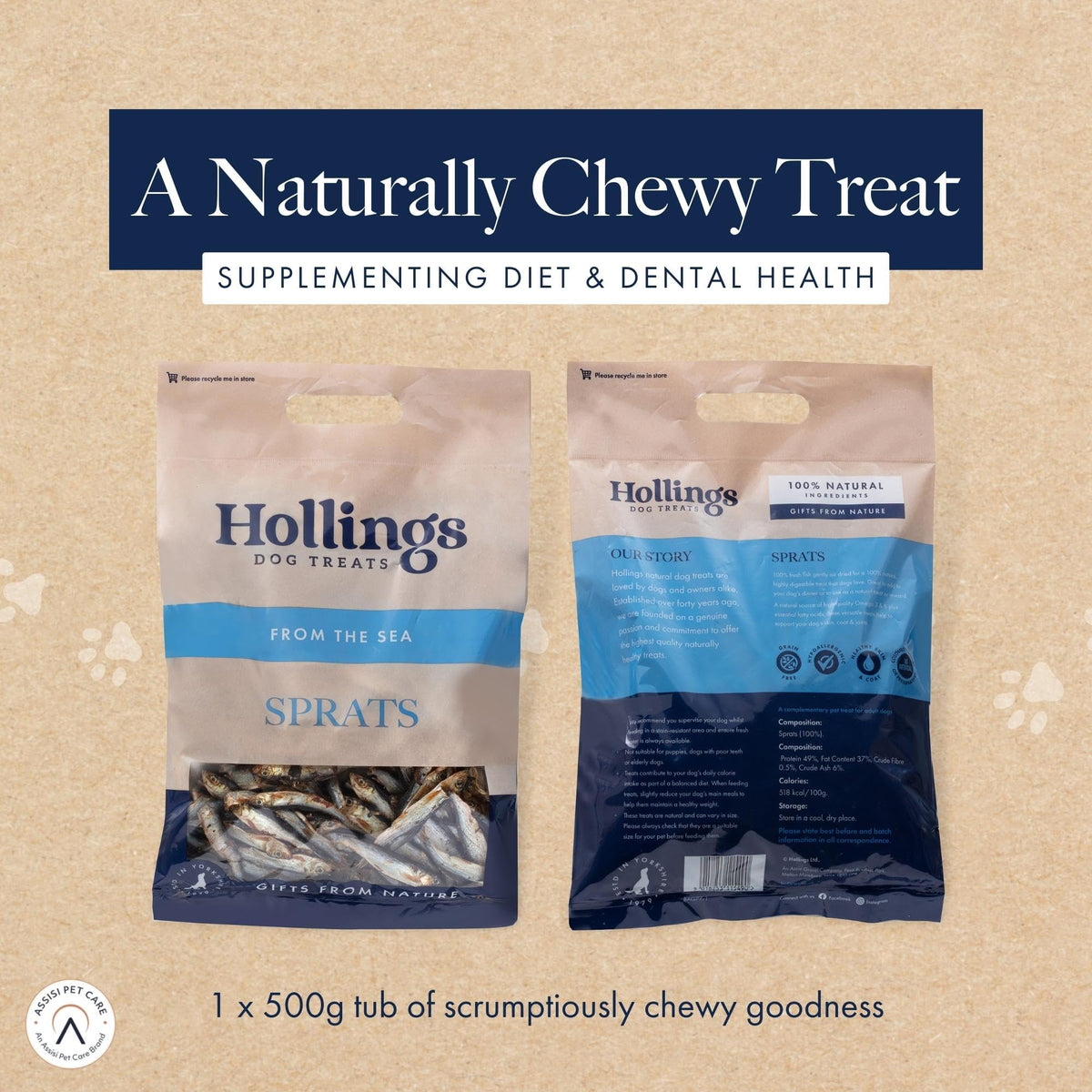 Hollings Sprats Dog Treats, 100% Natural with Fresh Fish Air Dried Treats for Dogs, Hypoallergenic and Grain Free 100g (Pack of 10)
