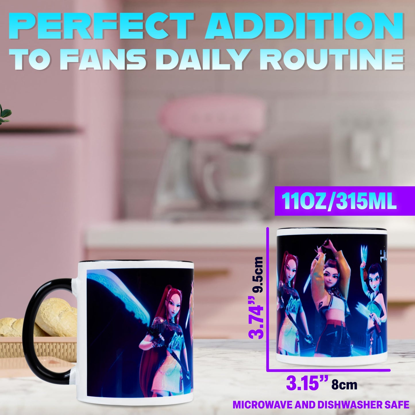 KPop Demon Hunters Official Huntrix Mug, 11oz Ceramic Cup for Girls, Teens & Adults, Rumi Mira Zoey Tea Coffee Cup, Gifts for Her (Black Huntrix)