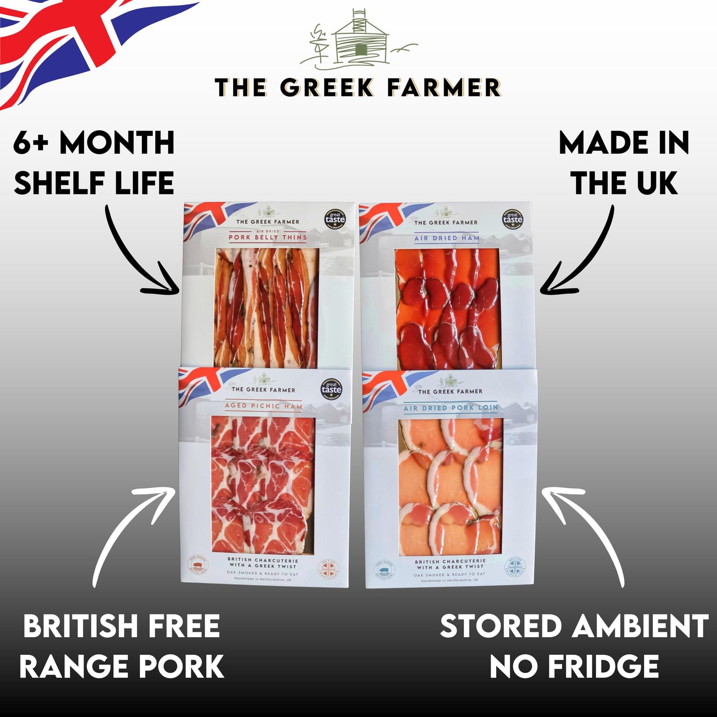 The Greek Farmer Signature 8 Piece Charcuterie Collection | Cured Meats & Cold Cuts | Artisan Charcuterie Gift | British Free-Range Pork | 5-Star Great Taste Award | Ideal Foodie Gift & Savoury Hamper
