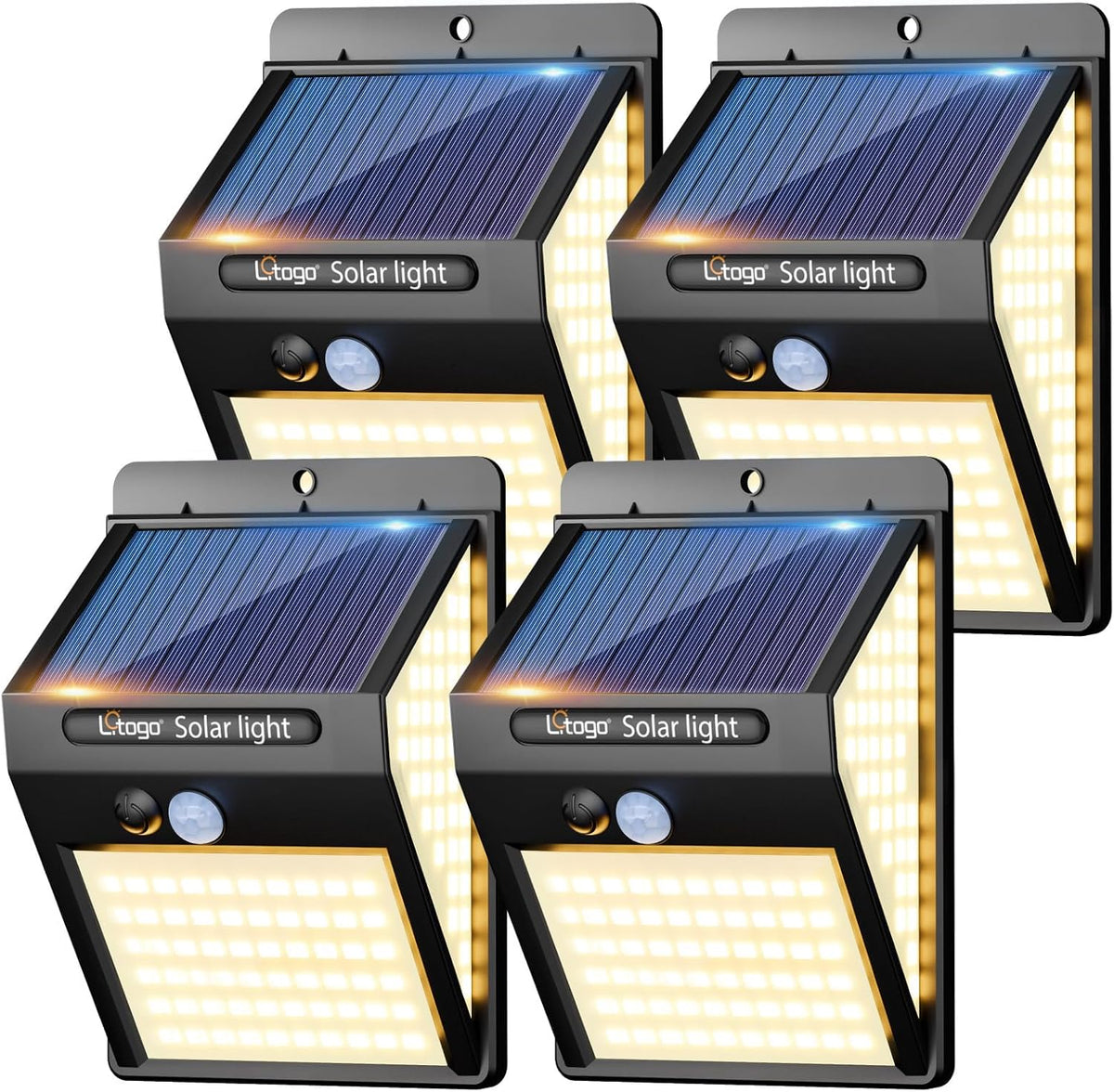 litogo [4 Pack White Frame 140LED Solar Security Lights Outdoor, Solar Motion Sensor Lights 270ºWide Angle Waterproof Solar Powered Durable Wall Lights Outside 3 Modes