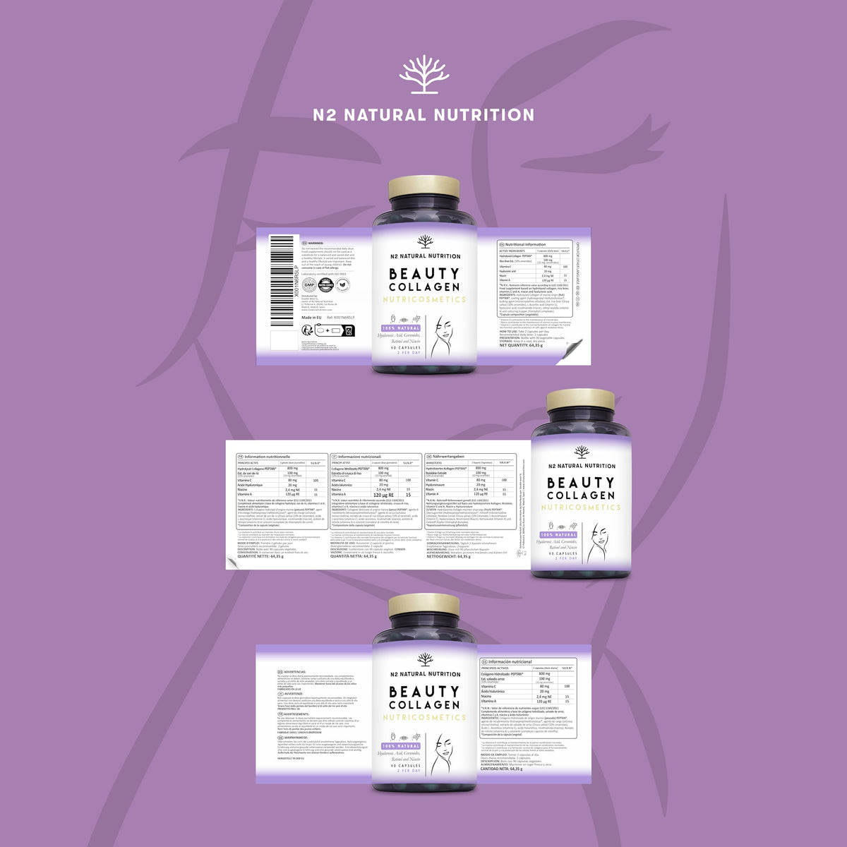 Multi Collagen 1650mg Type I, II, III, V, X. Bovine & Marine Collagen Peptides. 180 Capsules Enhanced with Vitamin C. High Strength Collagen for Joints, Hair and Skincare. N2 Natural Nutrition