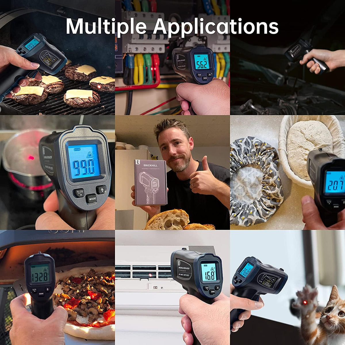 ERICKHILL Infrared Thermometer -50℃~550℃ With -50~260℃ Meat Thermometer, Non-Contact Laser Thermometer Gun LCD Backlit Digital Display Adjustable Emissivity - for Vehicle Repair/Cooking/BBQ/Freezer