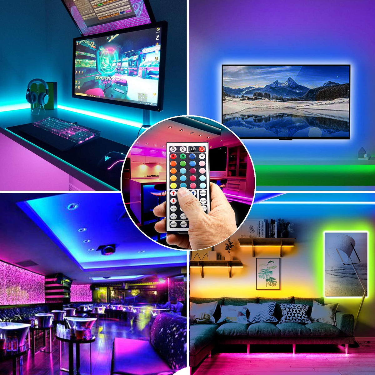 phopollo 5m RGB LED Strip Lights with Remote for Bedroom, Party.24V 5050 RGB, 44-Key Remote, Flexible Adhesive, Bedroom/Party Use
