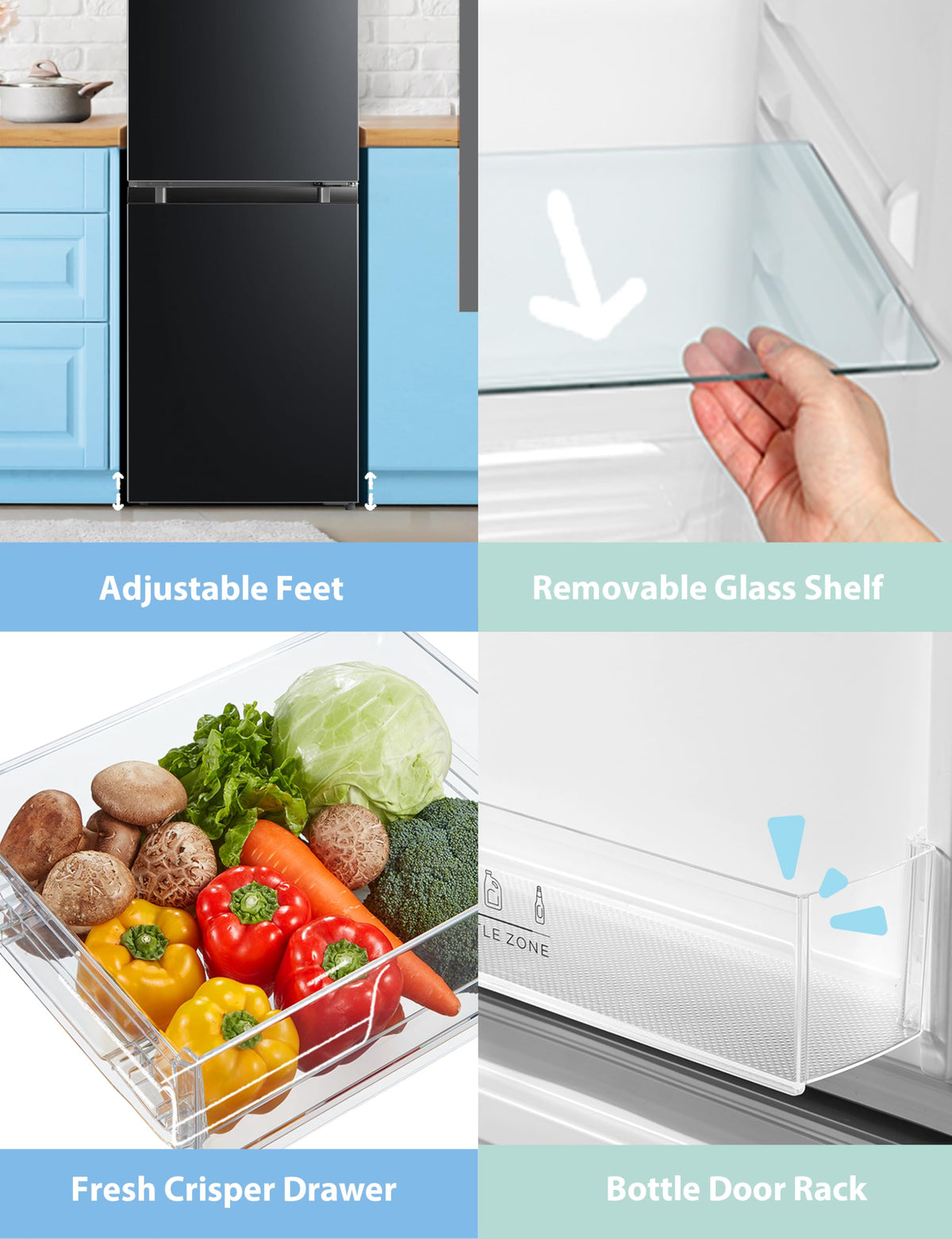 COMFEE' 87L Under Counter Fridge Freezer, Reversible Door, RCT87BL2(E)