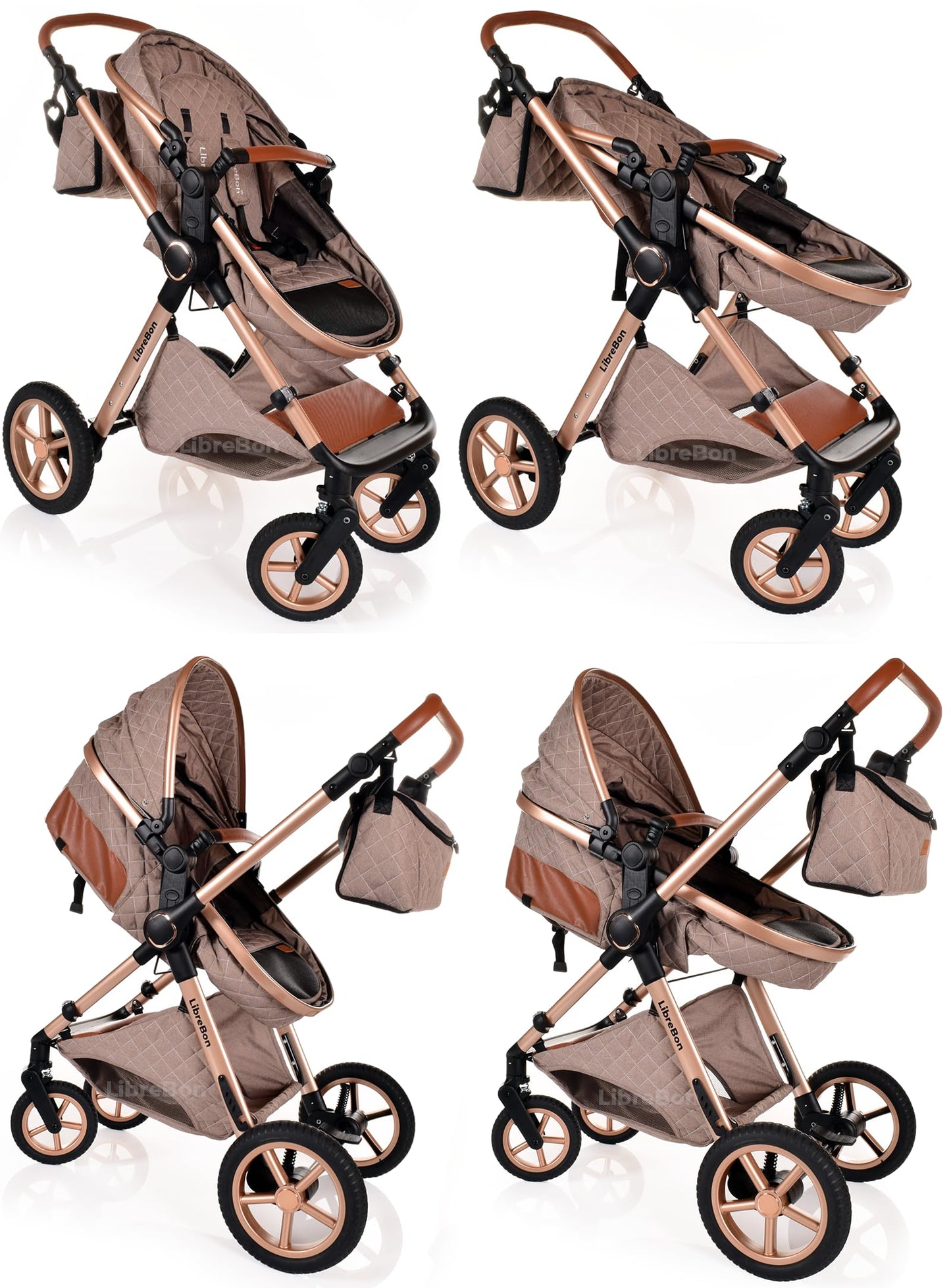 Baby Buggy Pram Pushchair Stroller 3 in 1 Child Lightweight Folding Stroller 3 in 1 Travel System Pram for Newborns & Toddlers from Birth Aluminum (Beige - Rose Gold Frame)