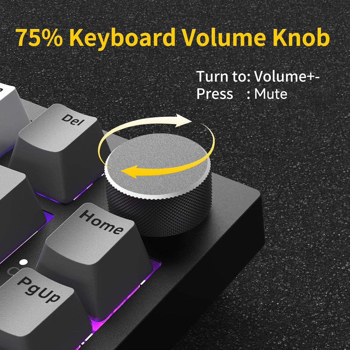AJAZZ AK820 Wired Mechanical Keyboard, 75% Gaming Keyboard with Volume Control Knob, PBT Keycaps, 82 Keys, Five-Layer Sound Insulation Pad, South-Oriented RGB, Full-Key Hot Swap, Black Grey Yellow