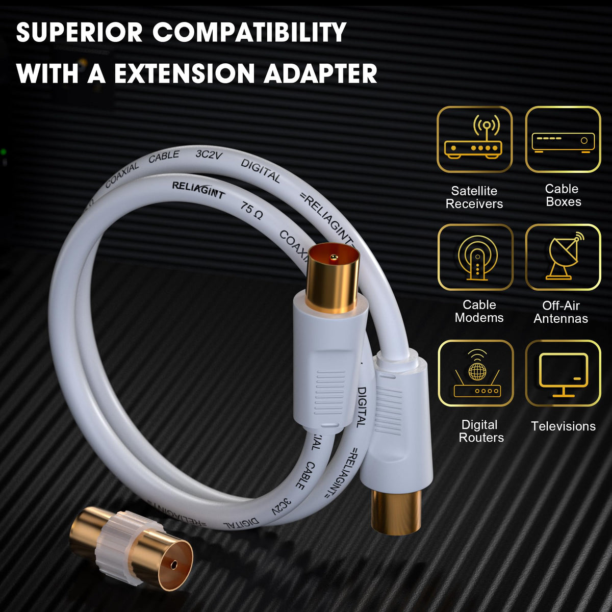 TV Aerial Cable 1m, 75 Ohm Coaxial Lead, IEC 9.5mm Male to Male 3C2V Pure Copper Dual Shielded, Right-Angle Connector, Female to Female Adaptor Included, Black