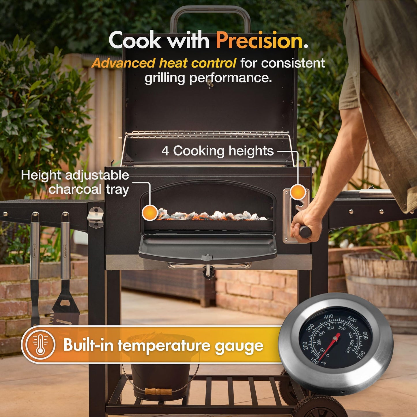 VonHaus Charcoal BBQ – XL Portable Barbecue with Warming Rack, Fold Down Shelves, Temperature Gauge, Wheels, Cooking Grill, Air Vents – 2 in 1 Barbeque and Smoker – Grill Meat, Fish & Vegetables