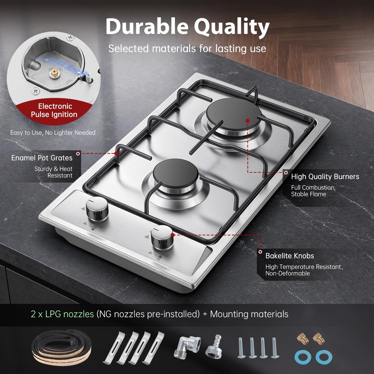SNDOAS Gas Hob 4 Burners, NG/LPG Convertible, Built-in Black Glass Gas Hob with Wok Burner, Flame Failure Protection, 8000W, YYUKGCT-B04