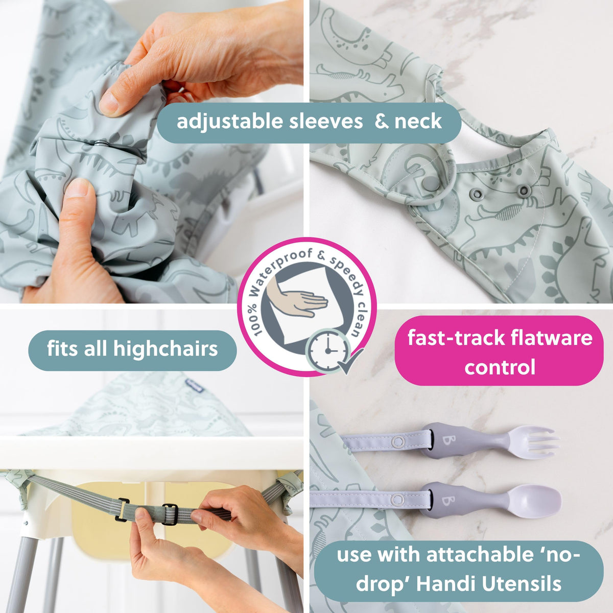 BIBaDO Long Sleeve Baby Bibs - Coverall Weaning Bib with Highchair Strap