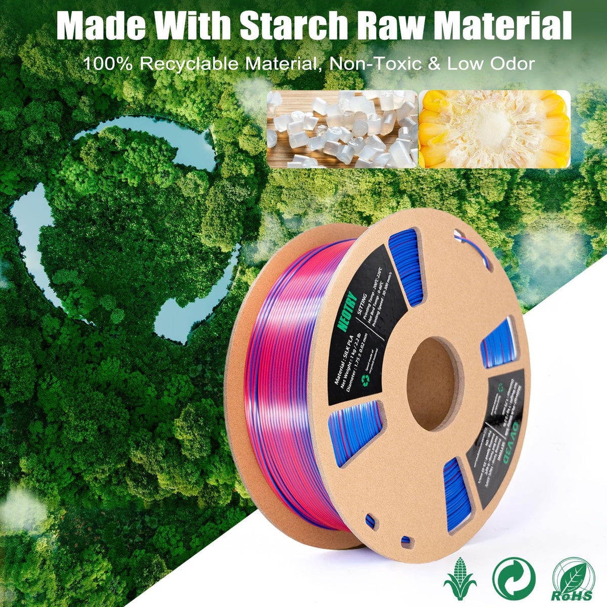 Silk Tri Colour PLA Filament 1.75mm 1kg, Multicolor 3D Printer Filament, Filament 3D Printing Materials for Most FDM 3D Printer, Silk PLA Red Yellow Blue, Rainbow PLA Filament 1.75mm ± 0.02