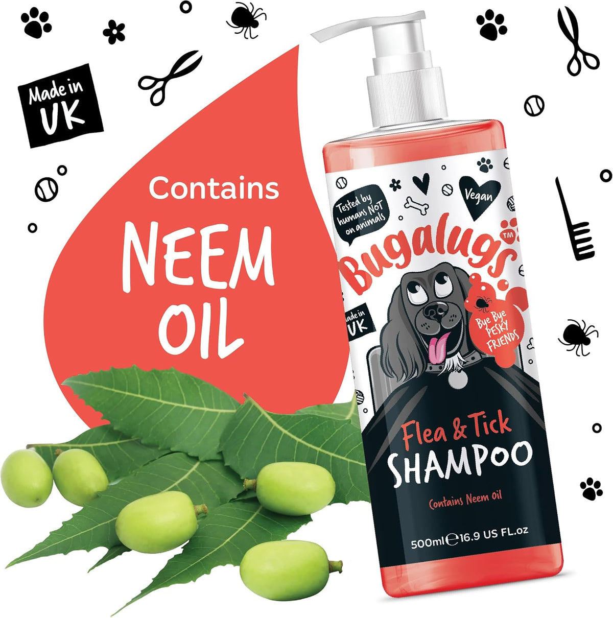 Flea and Tick Dog Shampoo by Bugalugs, Works on Smelly Puppies & Dogs, Contains Neem Oil PH Balanced Vegan Used by Professional Groom
