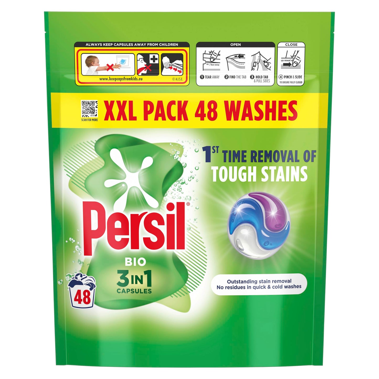 Persil Bio 3 in 1 Washing Capsules 1st time removal of tough stains outstanding stain removal in quick & cold washes 48 washes