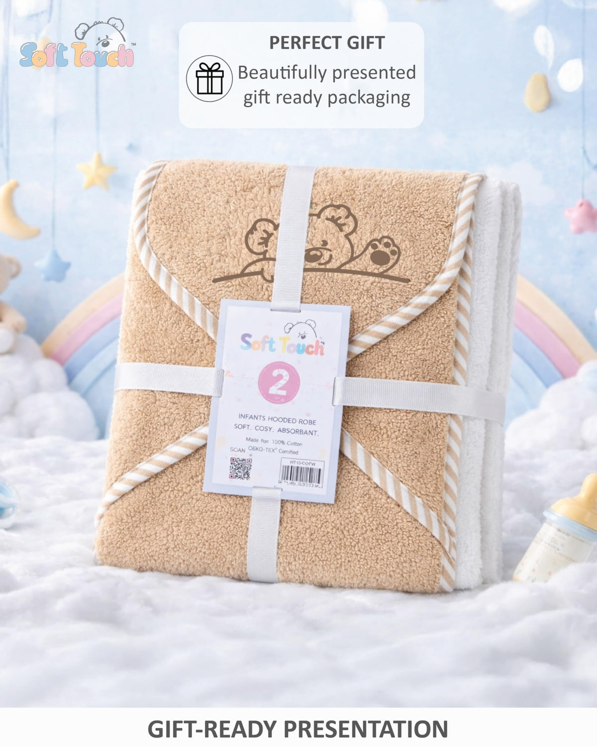 Soft Touch Newborn Essentials 100% Cotton Embroidered Hooded Baby Towel 70 x 70cm for Baby Boys and Girls 0-24 Months (2-Packs)