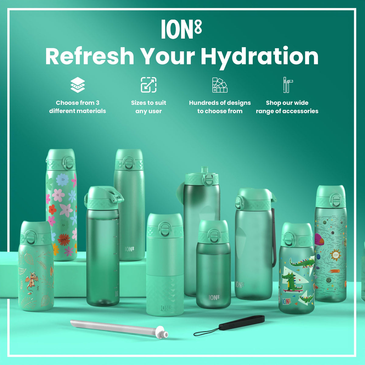 Ion8 Water Bottle, 500 ml/18 oz, Leak Proof, Easy to Open, Secure Lock, Dishwasher Safe, Hygienic Flip Cover, Carry Handle, Fits Cup Holders, Easy Clean, Hot Pink