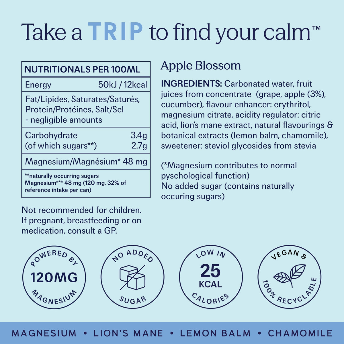 TRIP Cucumber Mint Sparkling drink with 120MG calming Magnesium + Lion’s Mane + Chamomile + Lemon Balm. Low Calorie and Vegan (Pack of 12 x 250ml) - Packaging Might Vary