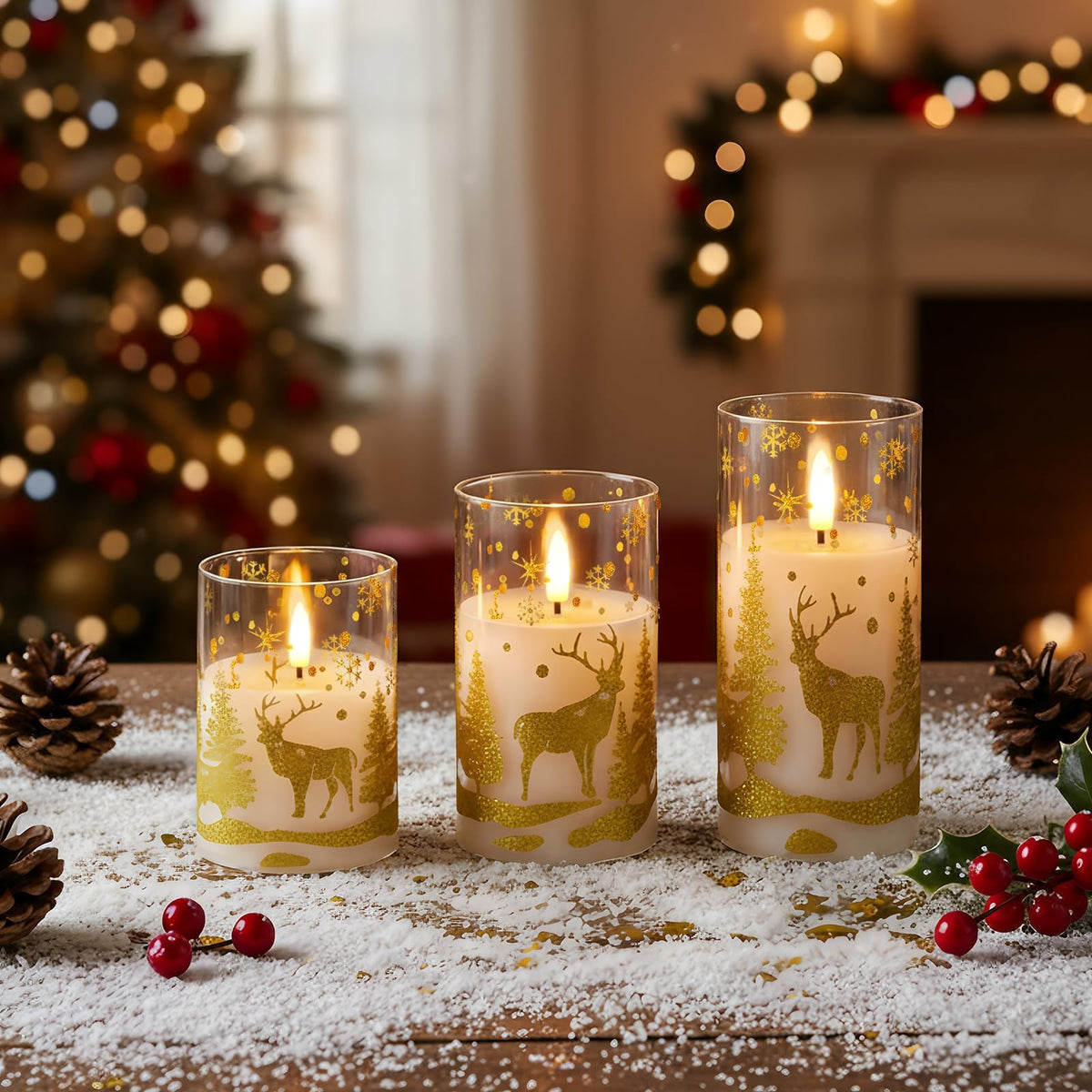 Homemory Real Wax LED Candles Flickering, Clear Glass Shell, Gold, Set of 3