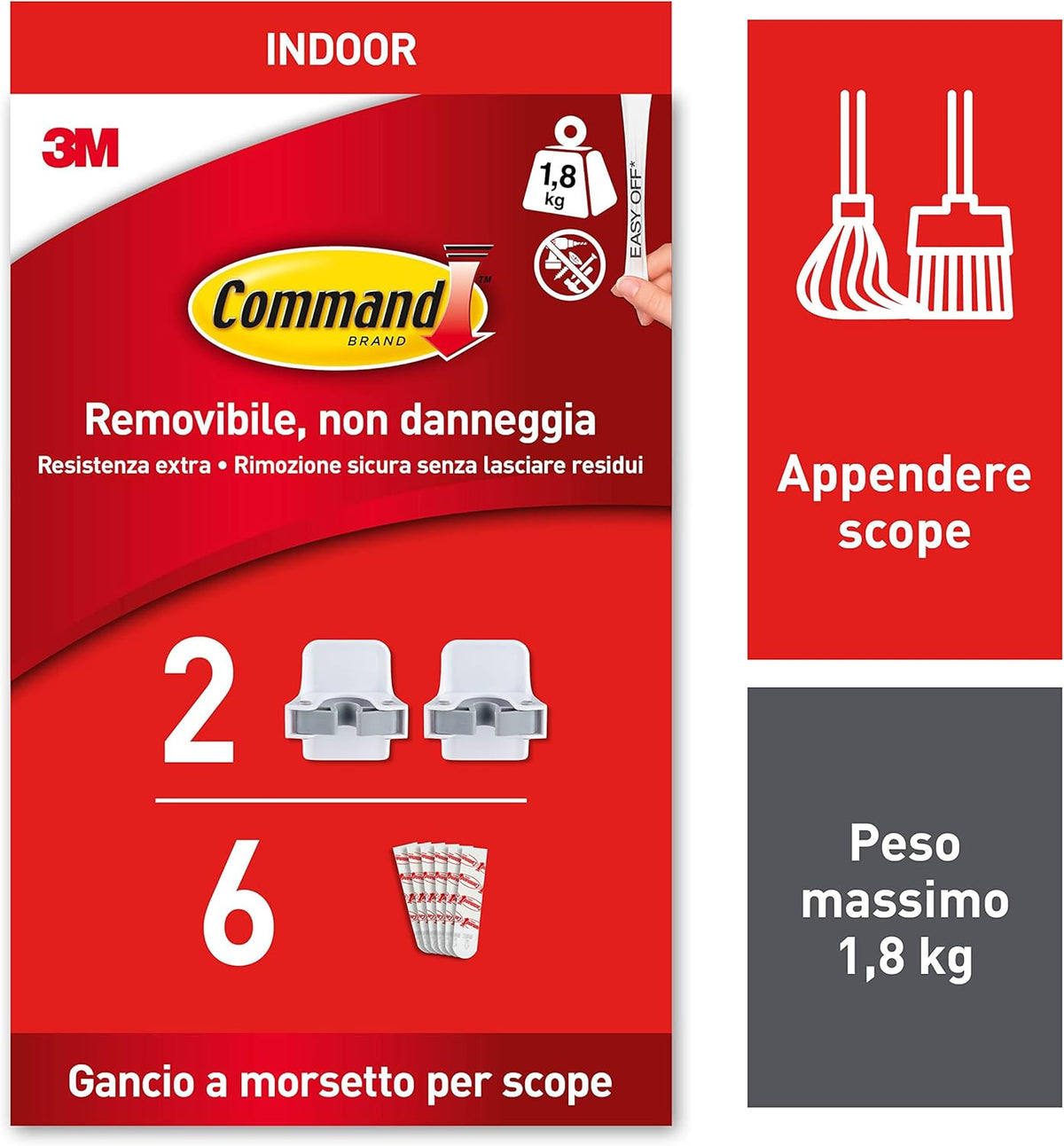 Command Broom Grippers, White, 2 Hooks and 6 Adhesive Strips