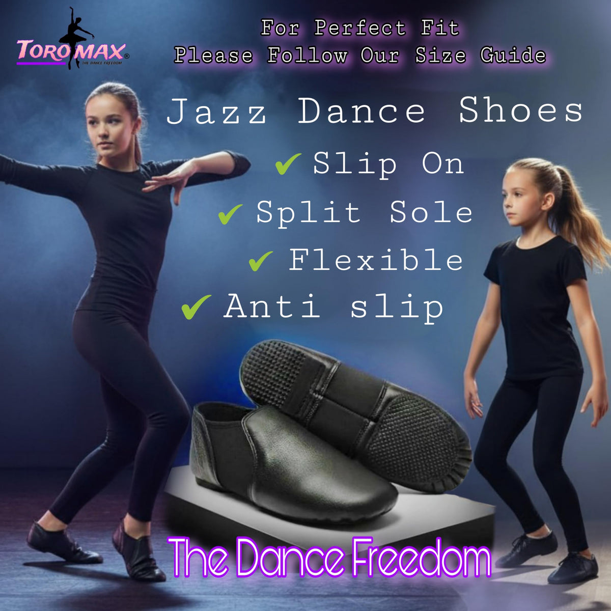 Slip On Jazz Dance Shoes - Black Leather - Modern Stage Rubber Heel Split Sole – Neoprene - Irish Dancing Pumps for Kids, Girls & Children