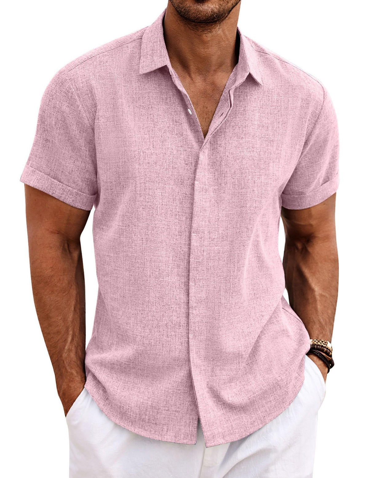 COOFANDY Mens Linen Shirts Short Sleeved Summer Regular Fit Button Down Hawaiian Holiday Tops