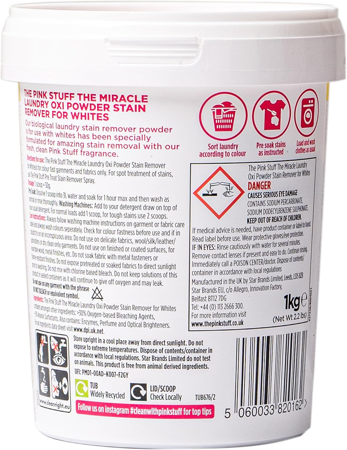 The Pink Stuff Miracle Laundry Oxi Powder Stain Remover for Whites 1kg