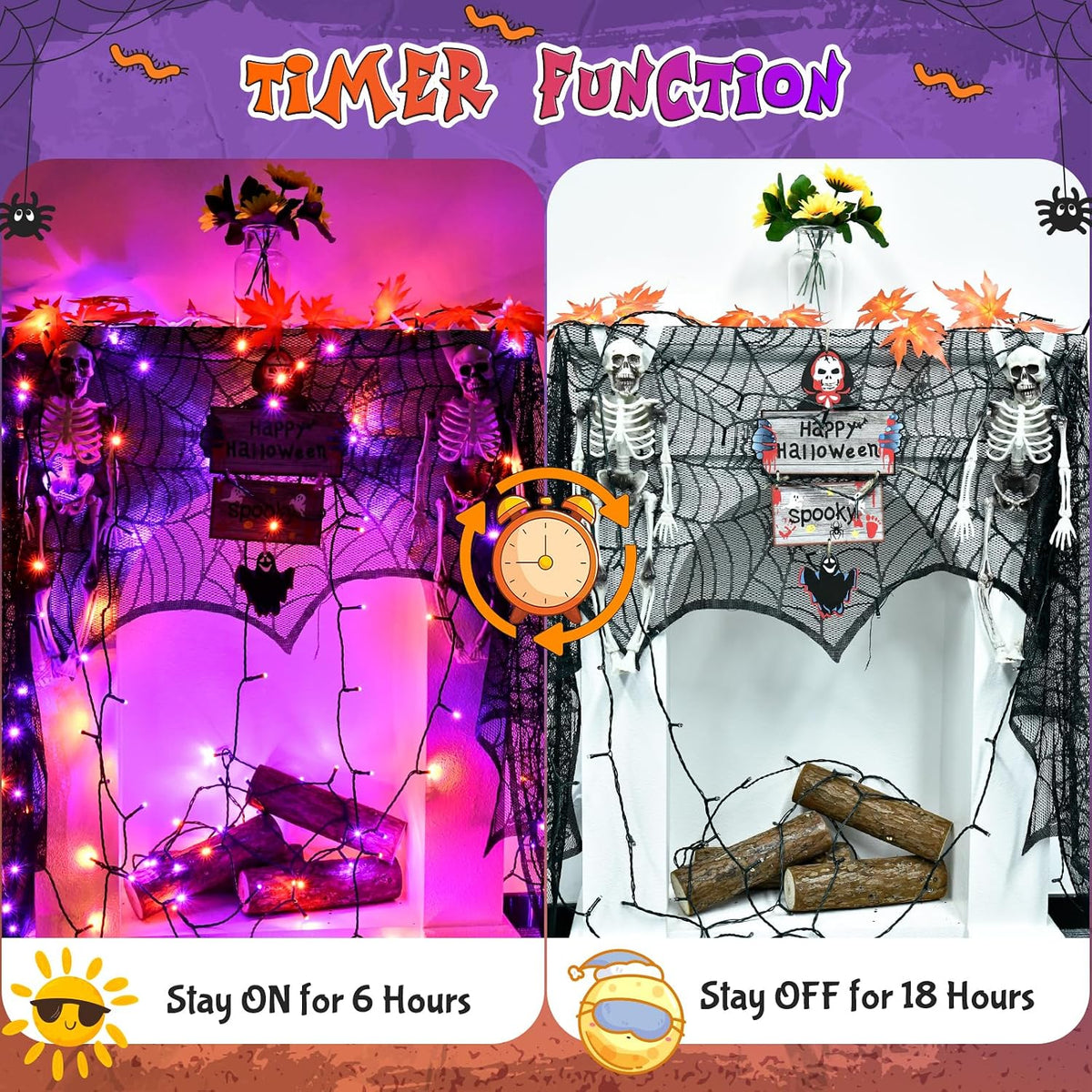 cshare Halloween Decorations Fairy Lights, 20Ft 60LED Orange-Purple USB/Battery String Lights with Timer Waterproof for Outdoor Indoor Autumn Fall Halloween Decorations-Green Wire