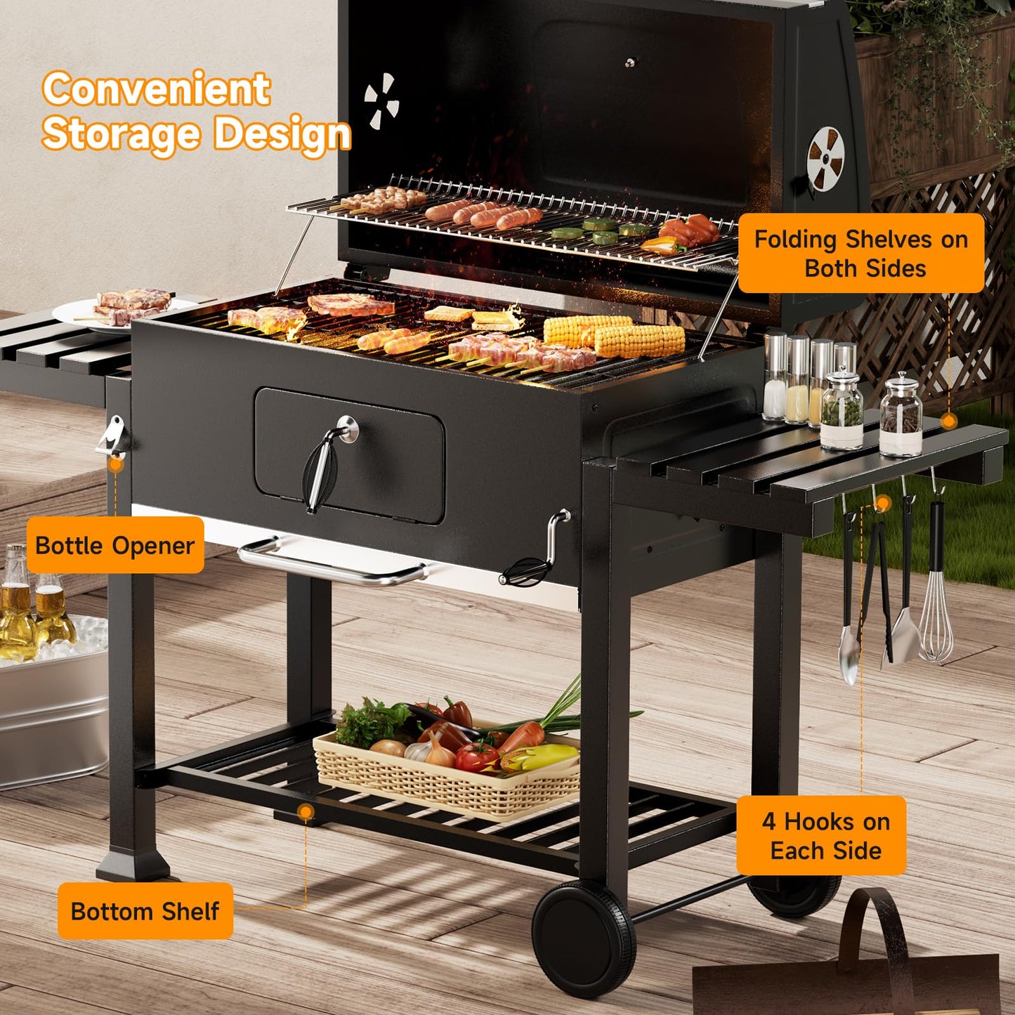 XXXL Smoker Charcoal BBQ, Portable Barbecue Grill with Wheel & 2 Folding Table, Thermometer & Adjustable Charcoal Pan, Large Outdoor BBQ Grill Smoker for Patio Home Garden Cooking