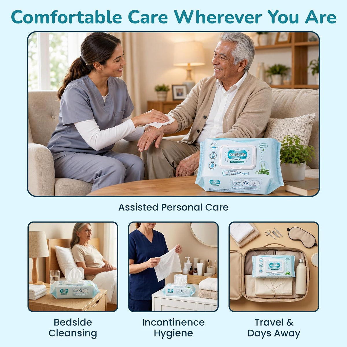 Comfy Life Premium Full Body Cleansing Wet Wipes For Adults - Large Luxury Fresh-feel Rinse-free Fragrance-free Bed Bath Incontinence Hygiene Intimate-care Soft Sheets (4 Pack (320 Wipes)