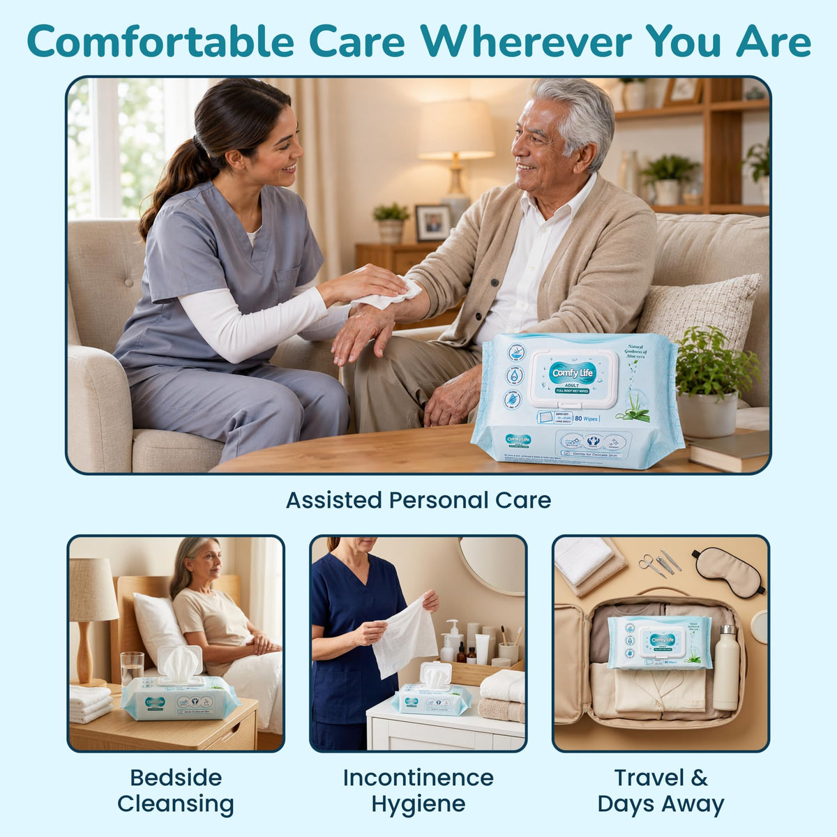 Comfy Life Premium Full Body Cleansing Wet Wipes For Adults - Large Luxury Fresh-feel Rinse-free Fragrance-free Bed Bath Incontinence Hygiene Intimate-care Soft Sheets (4 Pack (320 Wipes)