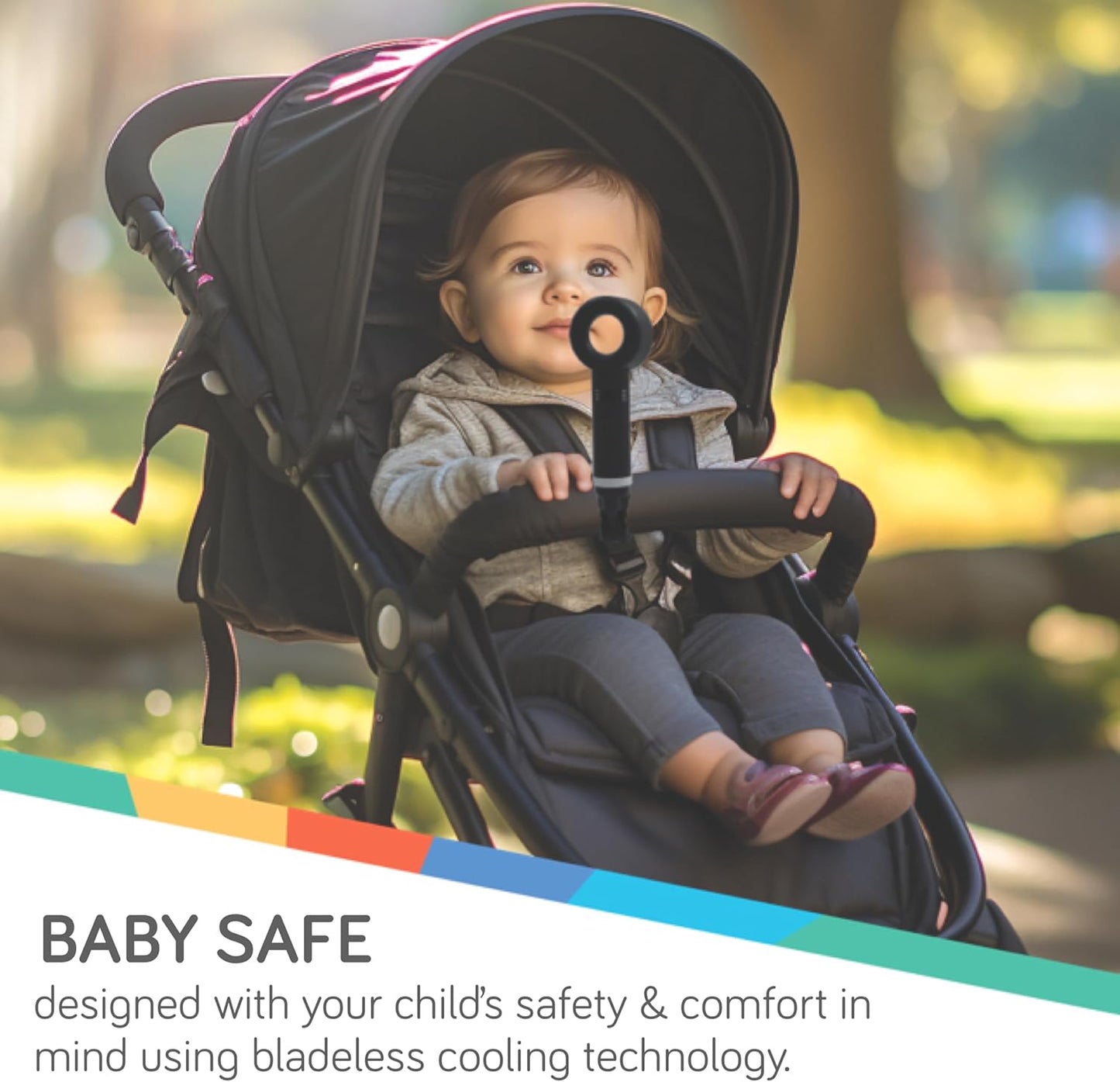 Nuby Portable Bladeless Pram Fan – Rechargeable | Flexible Tripod Legs | Safe & Quiet | Versatile & Portable