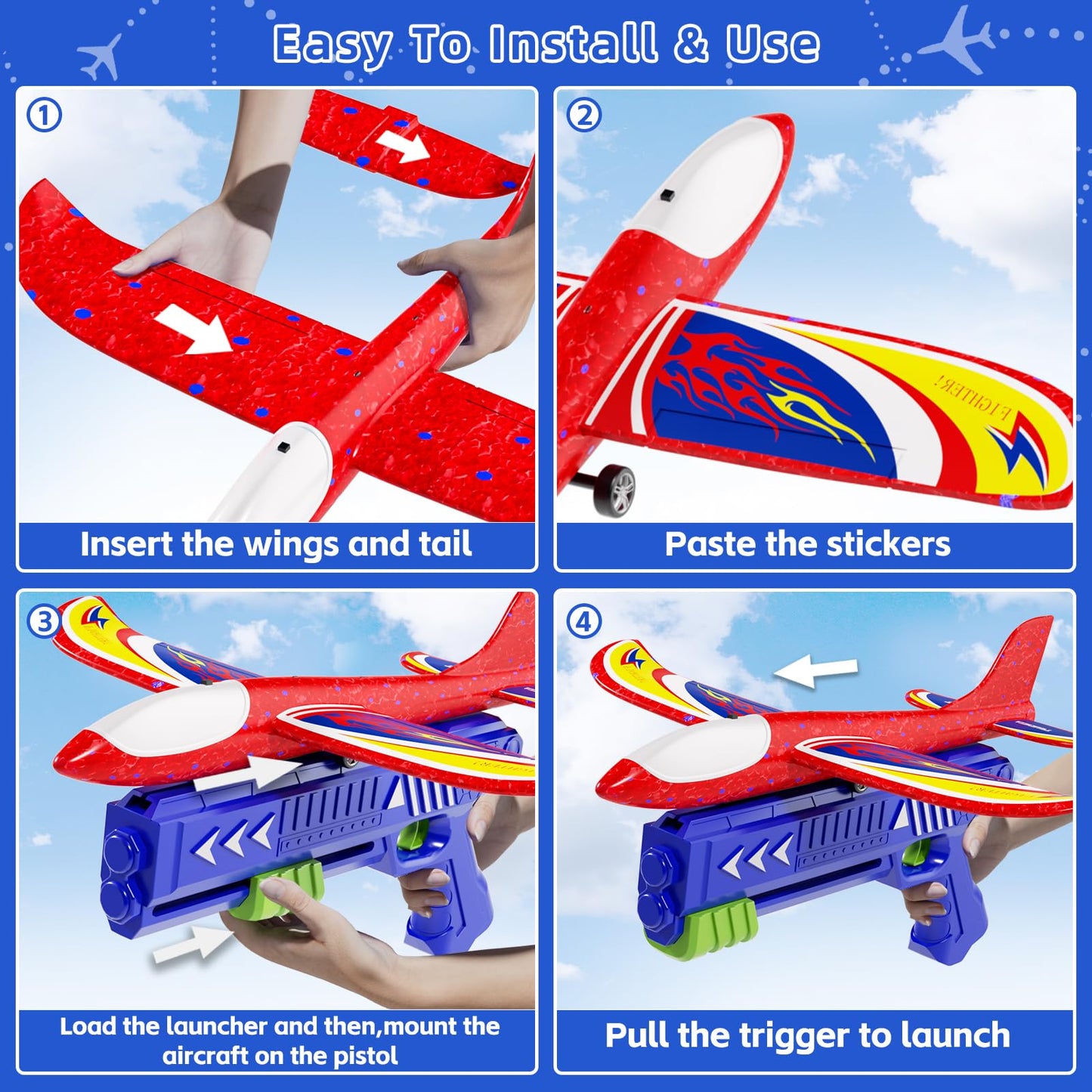 Doloowee Boys Toys for 3 4 5 6 7 8 Years Old, 1 Launcher with 3 Foam Glider Planes, Outdoor Garden Toys Birthday Present Gift for Kids 3 4 5 6 7 8 Year Old