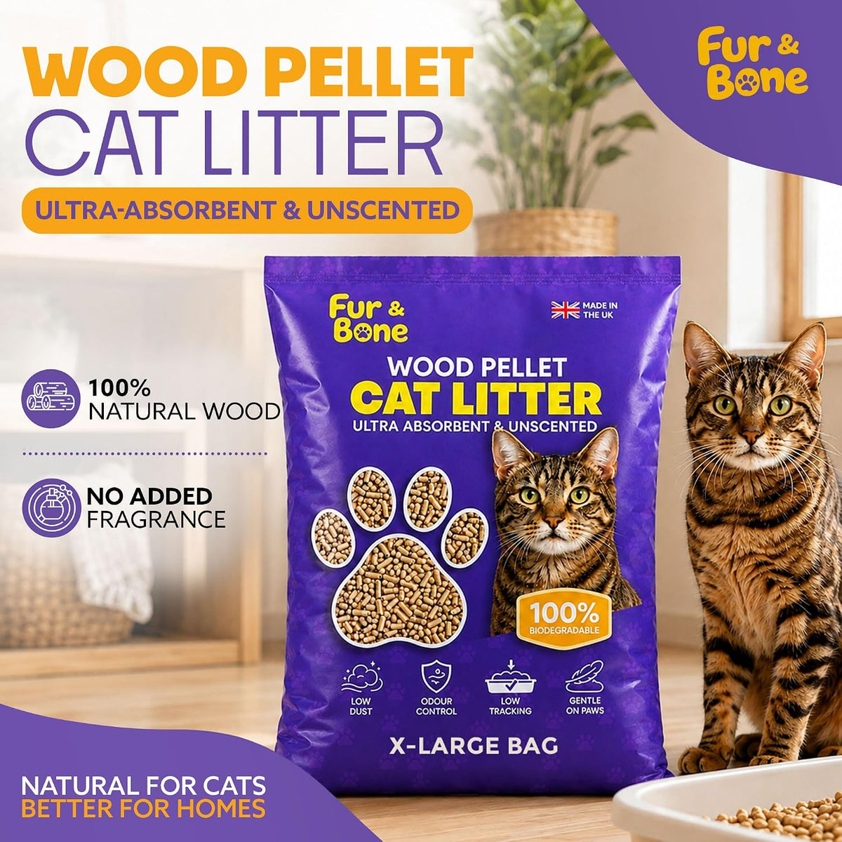 Fur & Bone Cat Litter Wooden Pellets 30L - Non-Clumping, Ultra-Absorbent
