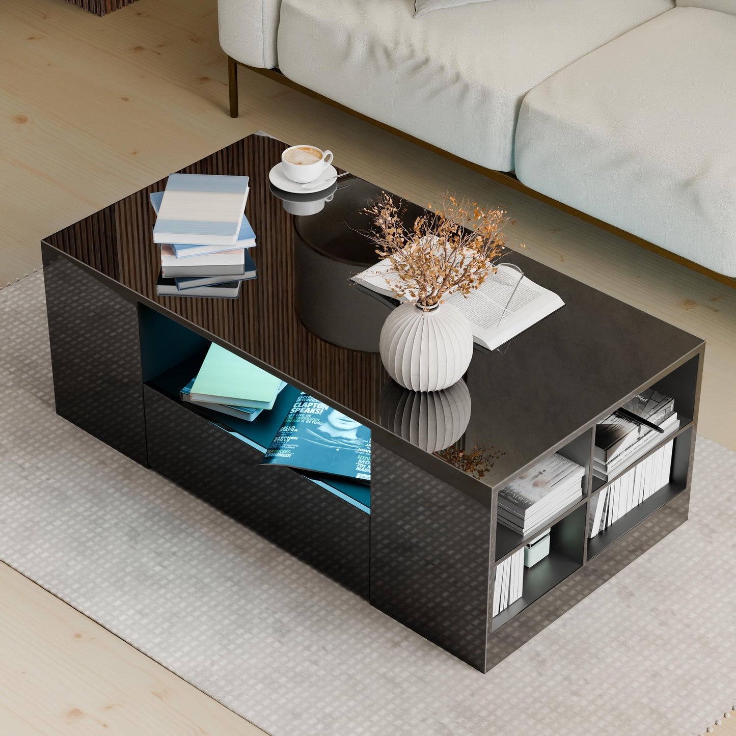 Blisswood Led Coffee Table with 2 Drawer Storage, High Gloss Coffee Table for Living Room Wooden Centre Table with RGB Led Lights Rectangle Tea Table for Living Room Furniture, Black