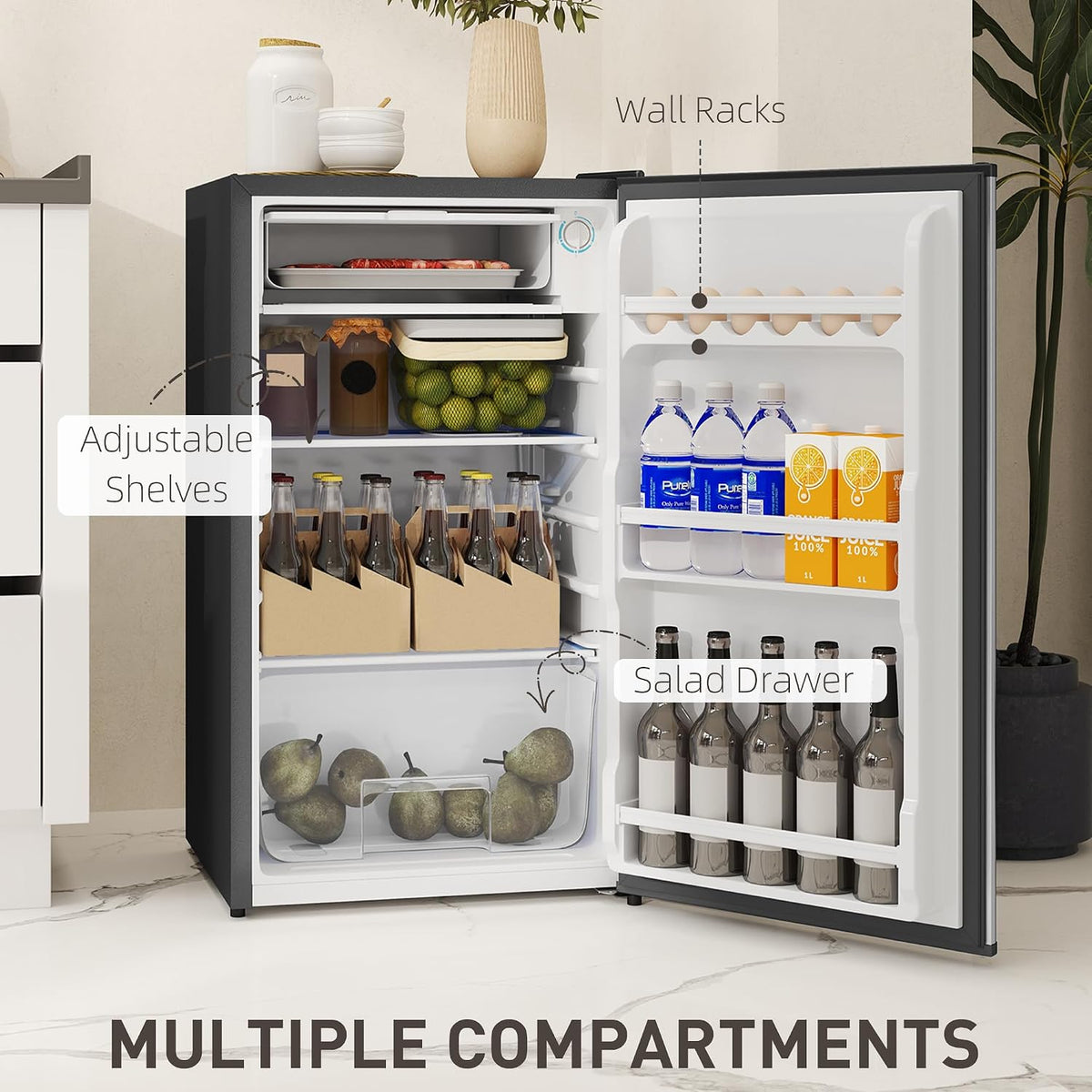 HOMCOM Under Counter Fridge 91L Small Fridge with Chiller Box Silver Tone