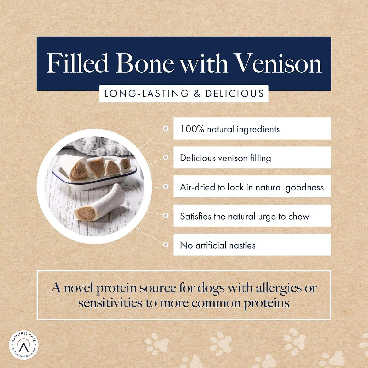 Hollings Filled Bone with Venison Dog Chew, Delicious, Air Dried Long Lasting Bone for Adult Dogs, Made with 100% Natural Ingredients (1 Count)