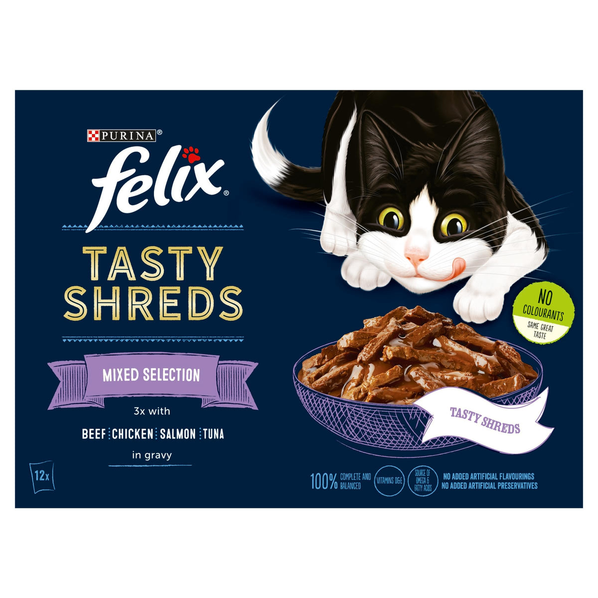 FELIX Tasty Shreds Adult Wet Cat Food Mixed Selection in Gravy Chicken, Beef, Tuna, Salmon 40 x 80g Pouches
